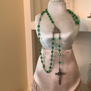 Emerald Green Crystal Glass Bead Rosary - 16.5” long
